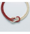 Miluna Women's Necklace - Land and Sea Double Thread with Freshwater Pearls and Red Coral Agglomerate - 0