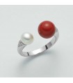 Anello Miluna - Terra e Mare Contrariè in Argento 925% con Perla ed Agglomerato Corallo Rosso