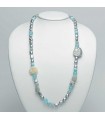 Miluna Woman's Necklace - in 925% Silver with Oriental Baroque Pearl - Agate - Blue Stones - 0