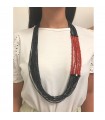 Rajola Women's Necklace - Long Multi-strand Spotted with Red Coral and Black Onyx