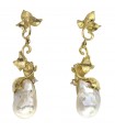 Women's Earrings - with Leaves in 925% Golden Silver and Pendant Baroque Pearl