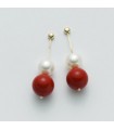 Nimei Earrings - in White Gold with Pearls and Red Coral Paste - 0